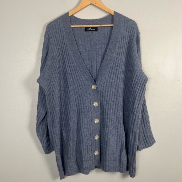 Soft by Naadam 100% Cashmere Ribbed Cardigan Cable Sleeve - Heather Denim READ - Picture 3 of 9